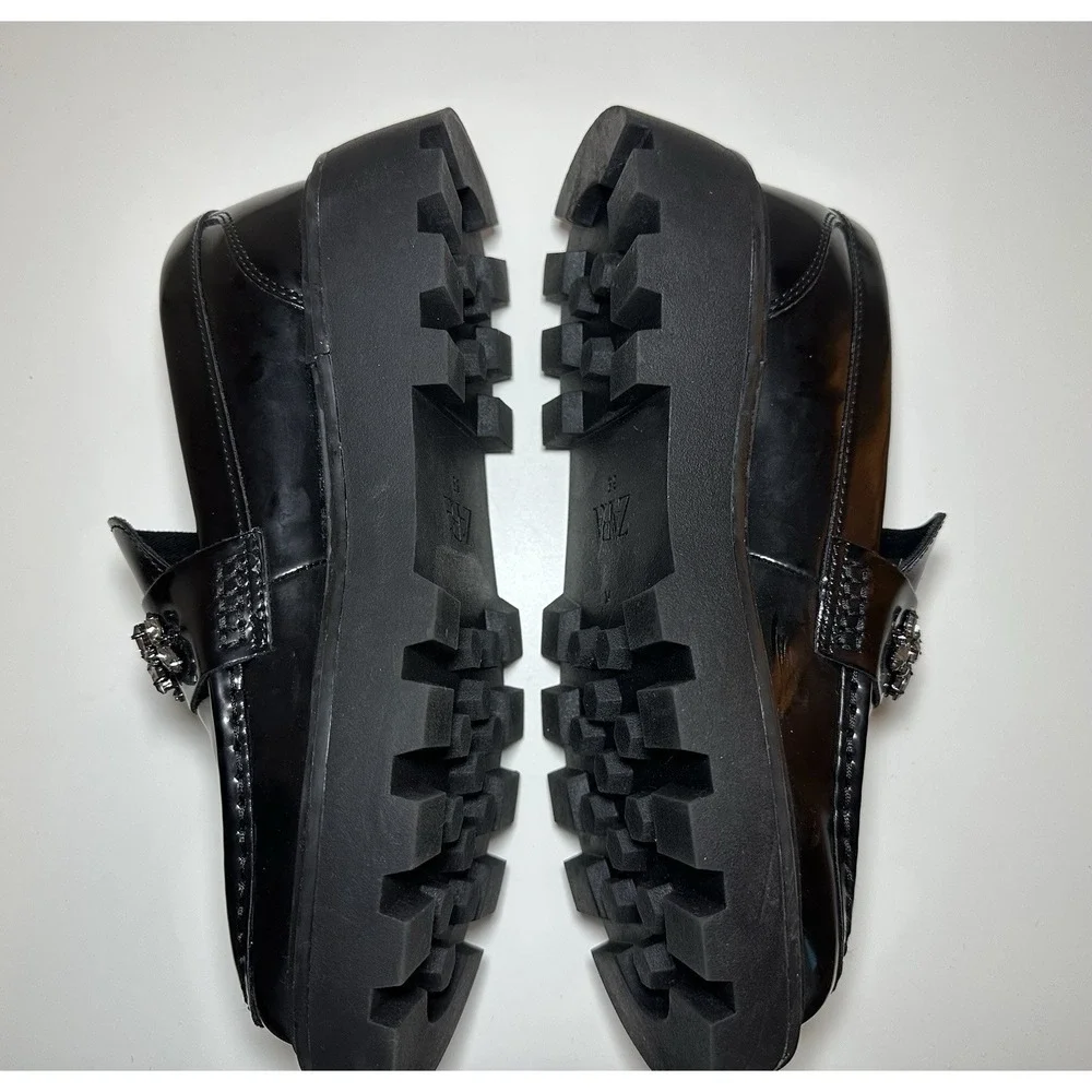 ZARA Women Chunky Black Faux Patent Leather‎ Rhinestone Loafers US 7.5 EU 38 NEW